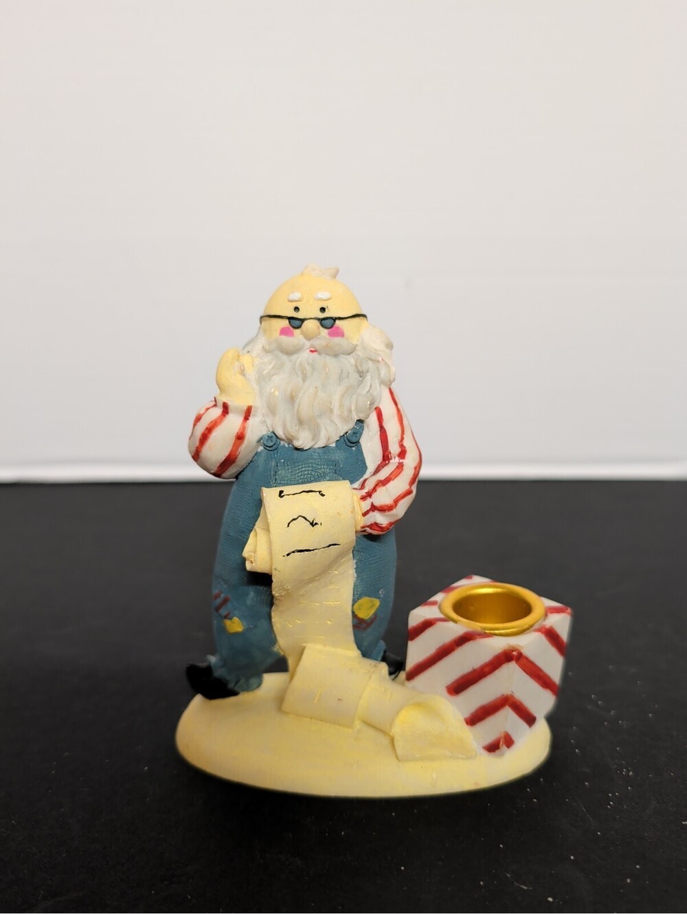 Vintage Heavy Resin Santa in Overalls Taper Candle Holder - Christmas Folk Art